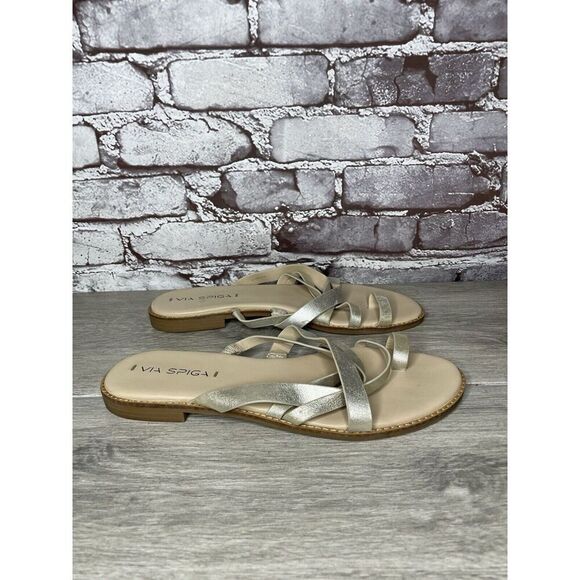 Via Spiga Metallic Silver Leather Toe Post Slides Sandals Women’s Sz 10M US/40EU - Picture 3 of 16